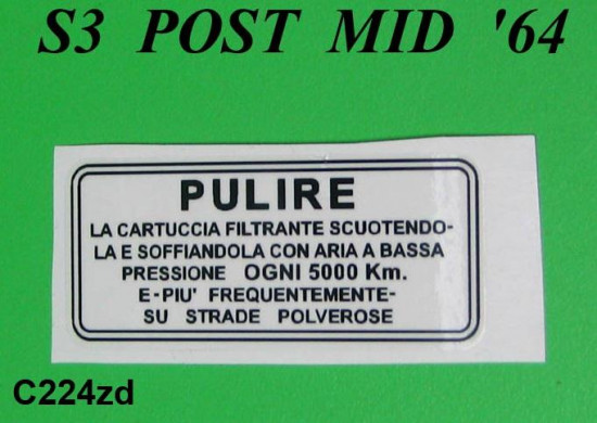 Decalcomania manutenzione filtro aria Lambretta S3 post mid - '64 DL GP (Italiano)