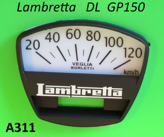 Fondo serigrafato + mascherina per contachilometri scala 120 Km/h per Lambretta DL150