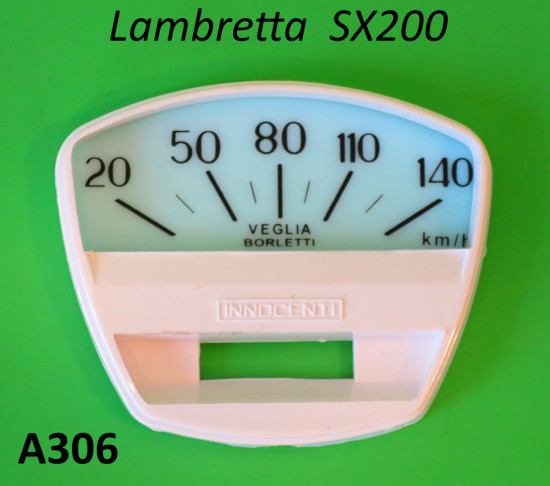 Fondo serigrafato scala 140 Km + mascherina superiore bianca per Lambretta SX200