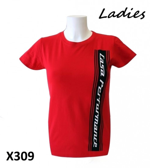 Ladies red 'Casa Performance' T-shirt with vertical CP logo