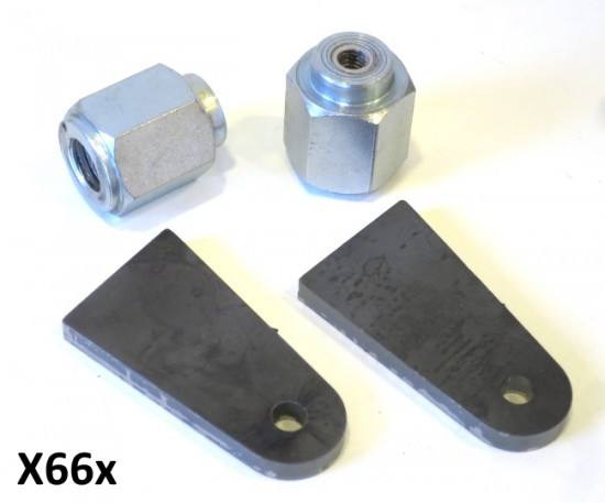 Pair of special front hub nuts + pair of top weld-on brackets for mounting shock absorbers