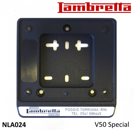Number plate holder with 'Rimini Lambretta Centre' logo for Lambretta V50 Special