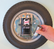 Black Castrol 2 stroke oil can holder + dispensor for mounting inside spare wheel Lambretta LI + TV + SX + Special + DL + Serveta