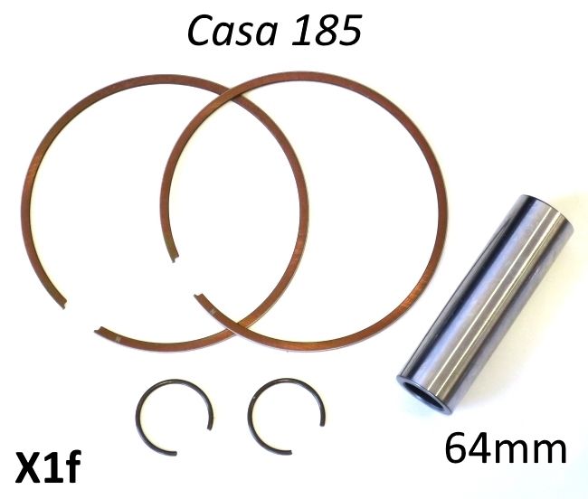 Set of 2 x piston rings + gudgeon pin + pair of circlips for Casa 185 piston (64mm)