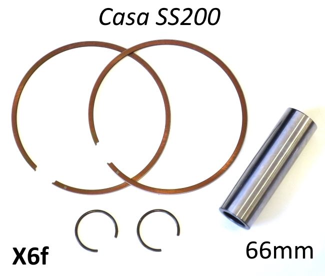 Set of 2 x piston rings + gudgeon pin + pair of circlips for Casa Performance SS200 piston (66mm)