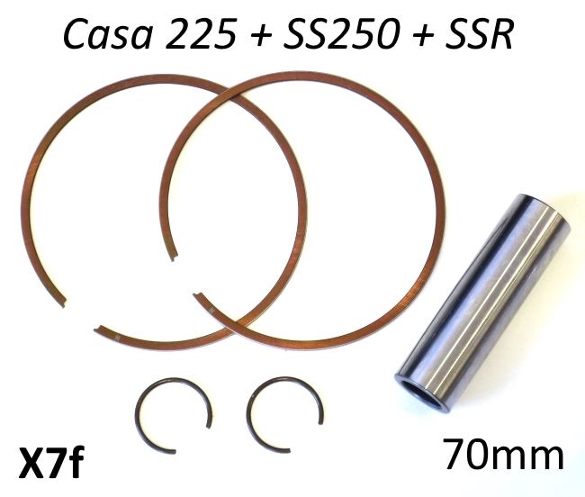 Set of 2 x piston rings + gudgeon pin + pair of circlips for Casa SS225 + SS250 + SSR/T (70.0mm)