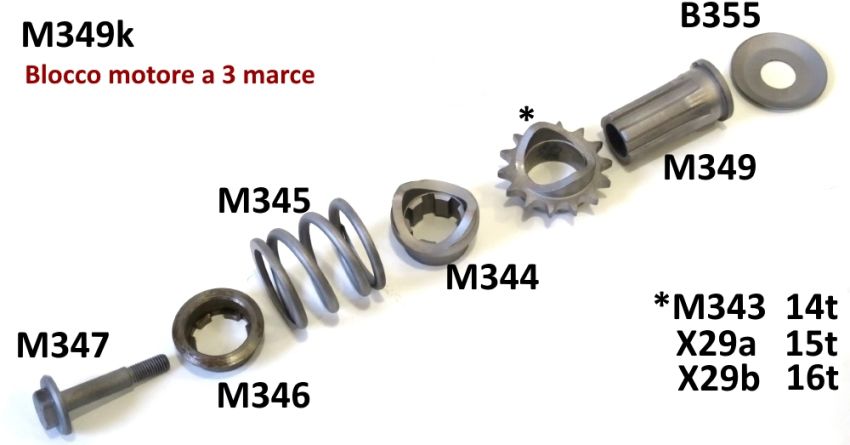 Set parastrappi pignone anteriore completo per Lambretta J + Lui modelli a 3 marce