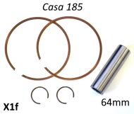Set of 2 x piston rings + gudgeon pin + pair of circlips for Casa 185 piston (64mm)