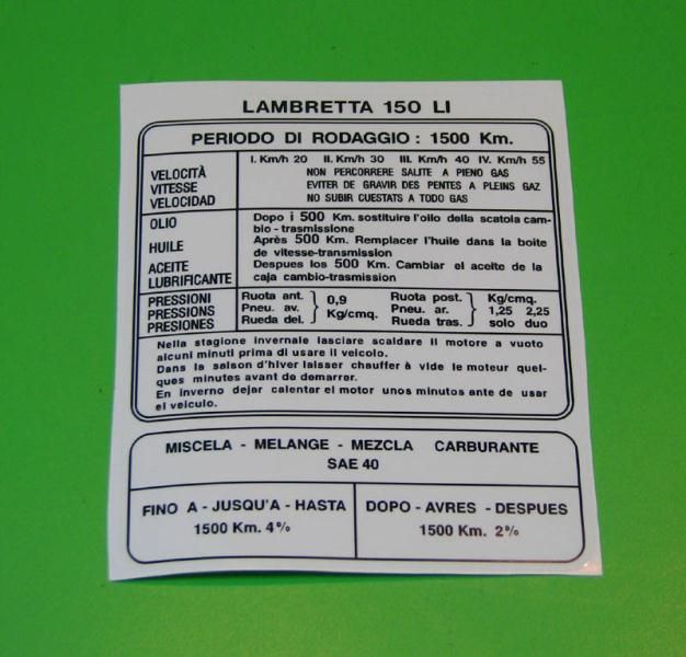 Decalcomania istruzioni rodaggio LI 150 (tutti i modelli)