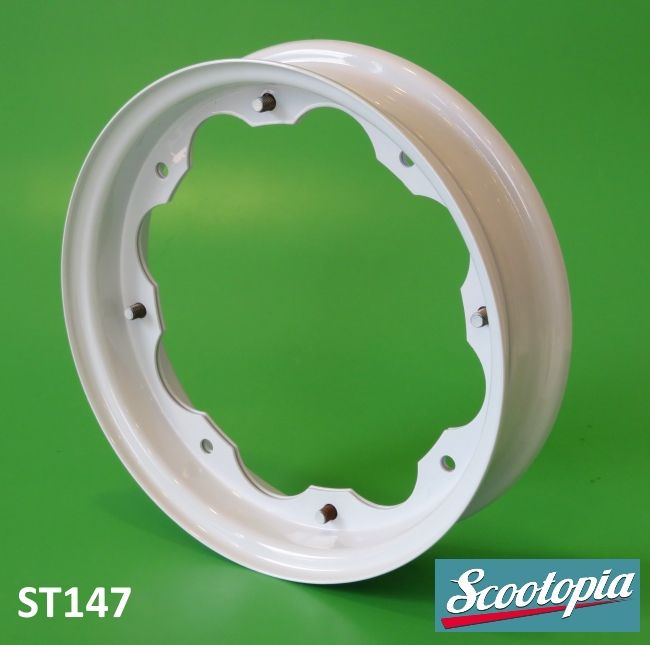 Scootopia White 10" wheel rim with Innocenti logo Lambretta LI + TV + SX + Special + GP/DL + Serveta