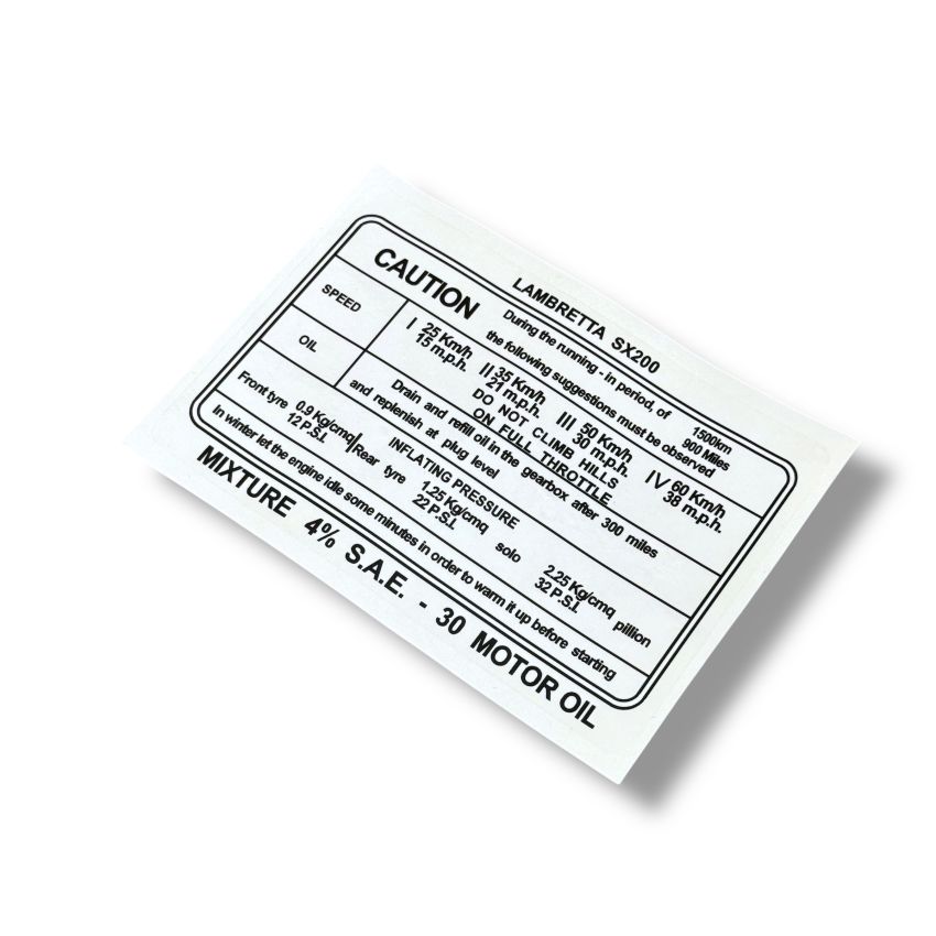 Decalcomania istruzioni rodaggio SX200 (Inglese)